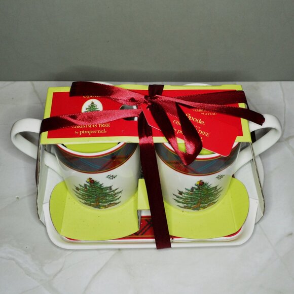 Spode Christmas Tree New In Package 2 Mugs With Tray Never Used Ready To Gift - Picture 4 of 7